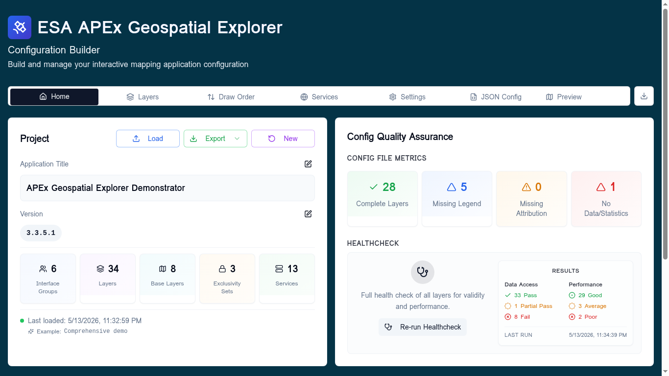 Home tab after a healthcheck run — the Results card shows the per-status counts and the last-run timestamp