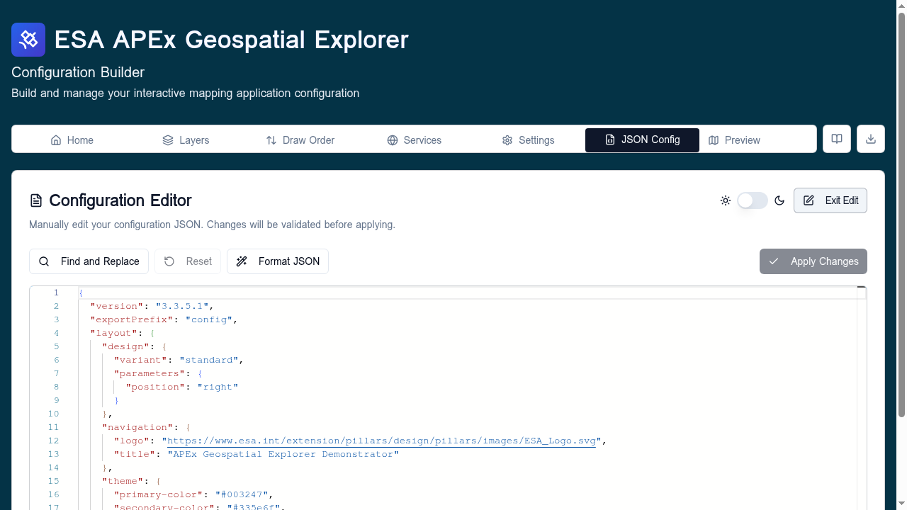 JSON Config tab — Edit mode with Find and Replace, Reset, Format JSON, and Apply Changes toolbar