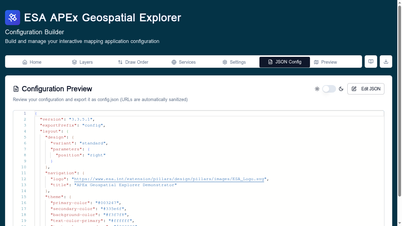 JSON Config tab — read-only Configuration Preview with theme toggle and Edit JSON button