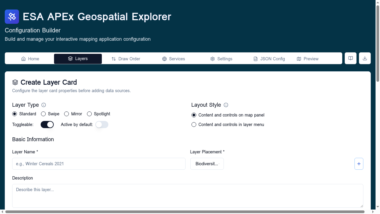 Create Layer Card editor showing Layer Type radios (Standard / Swipe), Layout Style options, and Basic Information fields