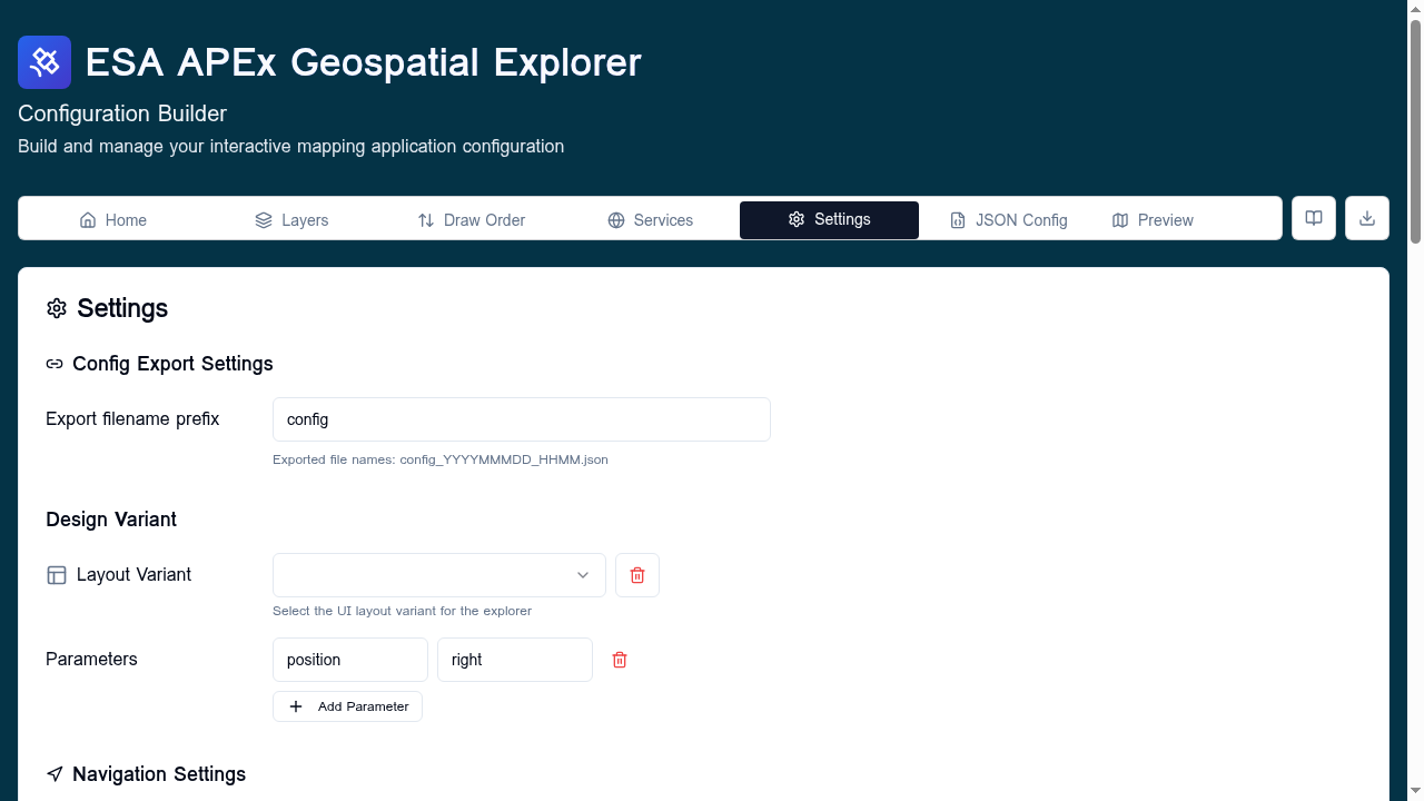 Settings tab — Design Variant section showing the Layout Variant dropdown and an empty Parameters row
