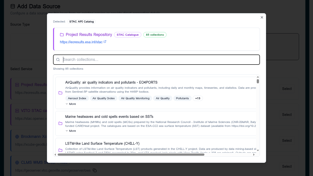STAC browser at the catalogue root showing a Search collections field and several collections including AirQuality, Marine heatwaves, and LSTM-like Land Surface Temperature (CHILL-Y)