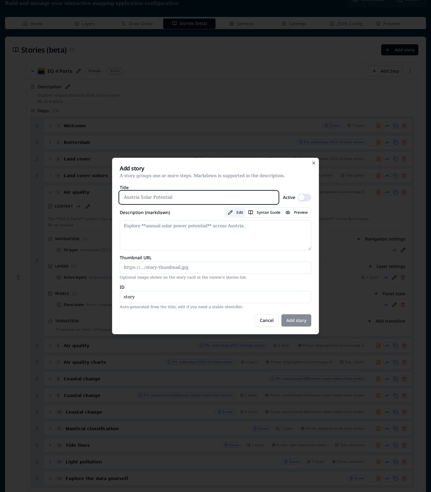 Add story dialog