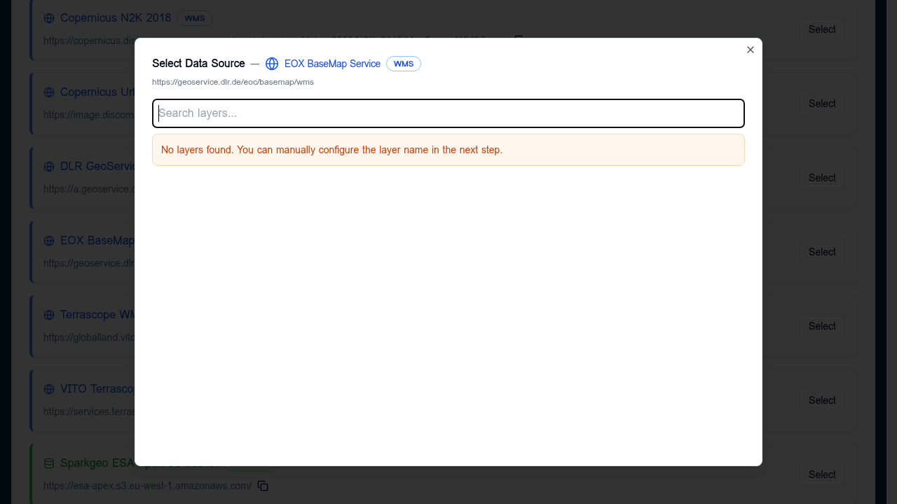 Select Data Source dialog for a WMS service with a Search layers field and a note: No layers found. You can manually configure the layer name in the next step.